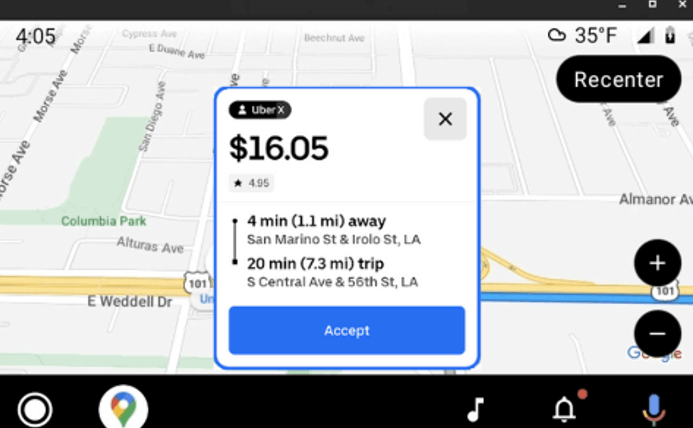 Uber Driver on Android Auto - Tap Accept