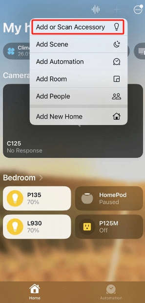 Add Accessory or Scan Accessory to add Kasa Devices to Apple HomeKit