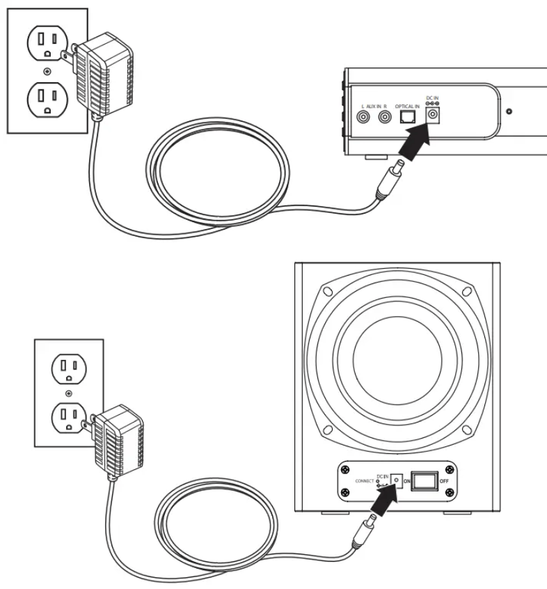 Connect Samsung Subwoofer to Soundbar by plugging them into Power